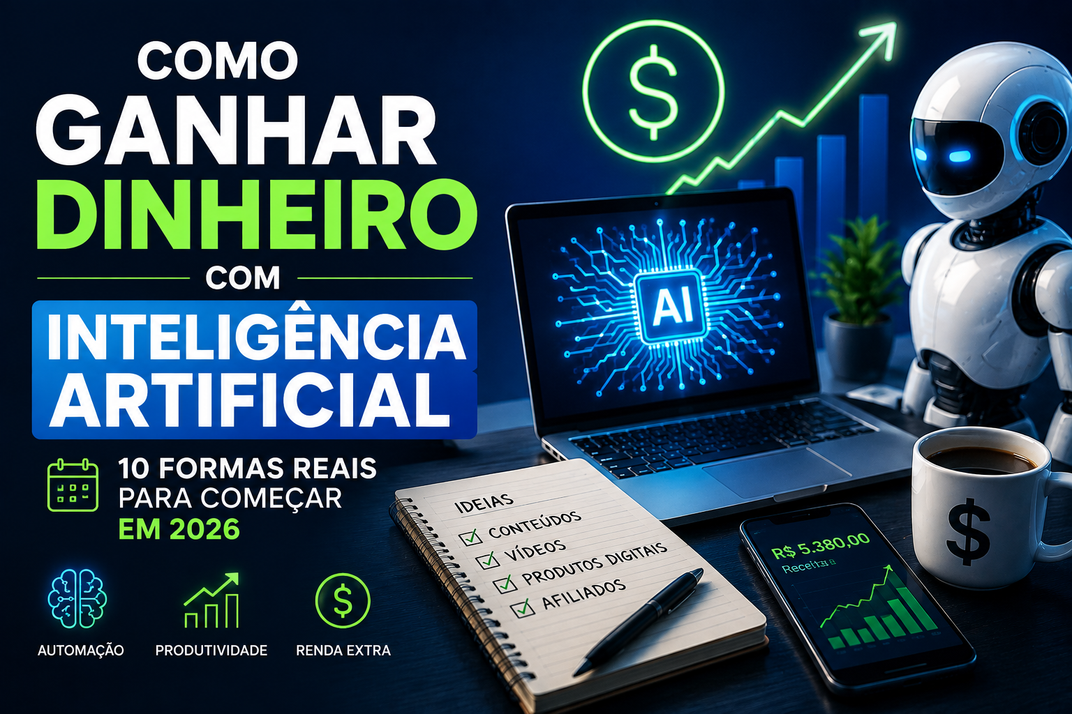 Pessoa utilizando inteligência artificial para ganhar dinheiro online em 2026